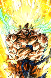 1boy anger_vein blonde_hair blue_sash collarbone commentary_request cowboy_shot crossed_arms dragon_ball dragonball_z electricity glowing glowing_eyes glowing_hair green_eyes green_lightning gunbuster_pose highres lightning long_hair male_focus muscular muscular_male nose open_mouth orange_pants pants parody pectorals sash scratches solo son_goku stynl_f super_saiyan super_saiyan_2 tengen_toppa_gurren_lagann topless_male torn_clothes torn_pants v-shaped_eyebrows veins veiny_arms veiny_face yellow_background