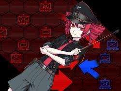 Rule 34 | 1girl, armband, arrow (symbol), crossed arms, drill hair, hat, hexagon, kasane teto, map, military, military uniform, necktie, pink hair, red eyes, riding crop, rod, sleeves rolled up, solo, sukua, tk28, twin drills, twintails, uniform, utau