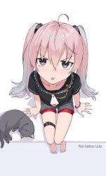 Rule 34 | 1girl, ahoge, animal, arm support, artist name, barefoot, black cat, black shirt, cat, commentary request, from above, grey shorts, hair between eyes, highres, liclac, long hair, looking at viewer, looking up, original, pink hair, purple eyes, red shorts, shadow, shirt, short shorts, short sleeves, shorts, shorts under shorts, solo, twintails, v-shaped eyebrows, very long hair, white background, white neckwear