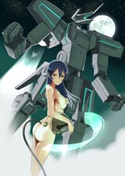 Rule 34 | 10s, 1girl, ass, blue hair, breasts, gradient background, highres, long hair, looking back, love live!, love live! school idol project, mecha, nude, peeled apple, robot, solo, sonoda umi, yellow eyes