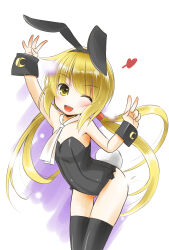 Rule 34 | 1girl, animal ears, black leotard, black thighhighs, blonde hair, crescent, crescent pin, flat chest, highres, kantai collection, leaning forward, leotard, long hair, neckerchief, one eye closed, playboy bunny, rabbit ears, rabbit tail, satsuki (kancolle), solo, tail, taisinkoku, thighhighs, trait connection, twintails, v, white neckerchief, wrist cuffs, yellow eyes