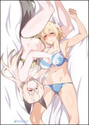 Rule 34 | 2girls, animal ear fluff, animal ears, armpits, blonde hair, blue bra, blue panties, blush, bra, breasts squeezed together, breasts, cleavage, closed eyes, eila ilmatar juutilainen, green bra, green panties, highres, large breasts, lying, multiple girls, navel, nikka edvardine katajainen, on back, on bed, on side, panties, short hair, silver hair, smile, strike witches, tail, tilt-shift (azalanz), underwear, world witches series, yuri