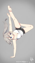 Rule 34 | 1girl, black shorts, blue eyes, commentary, dated, full body, grey background, grey hair, gymnastics, handstand, hashtag, highres, kizuna akari, long hair, one arm handstand, open mouth, outstretched leg, ponytail, shirt, shorts, signature, solo, spaghetti strap, voiceroid, white shirt, yamada sakura
