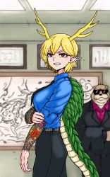 Rule 34 | 1girl, alternate costume, bad id, bad pixiv id, blonde hair, blouse, blue shirt, business suit, dragon horns, dragon tail, earclip, formal, formicid, from side, horns, irezumi, jaggy lines, kicchou yachie, necktie, otter spirit (touhou), shirt, suit, tail, tattoo, touhou, yakuza