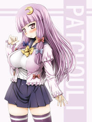 Rule 34 | 1girl, alternate costume, aru ra une, blush, breasts, contemporary, crescent, crescent hair ornament, female focus, hair ornament, highres, impossible clothes, impossible shirt, large breasts, long hair, miniskirt, patchouli knowledge, perky breasts, purple eyes, purple hair, shirt, skirt, solo, thighhighs, touhou, zettai ryouiki