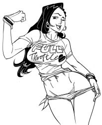 Rule 34 | 1girl, :d, bad id, bb (baalbuddy), breasts, clothes writing, contrapposto, cowboy shot, earrings, flexing, greyscale, hand up, heart, highres, hoop earrings, inactive account, jewelry, large breasts, laura matsuda, long hair, looking at viewer, monochrome, navel, one eye closed, open mouth, panties, side-tie panties, simple background, smile, solo, street fighter, street fighter v, thigh gap, underwear, white background, wristband