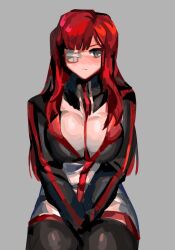 1girl absurdres black_jacket black_pants closed_mouth gauze gauze_over_eye grey_background grey_eyes highres jacket limbus_company long_hair long_sleeves looking_to_the_side morchkins pants project_moon red_hair red_trim sidelocks simple_background sitting solo yuri_(project_moon)