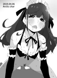 Rule 34 | 1girl, black bra, blush, bra, breasts, cleavage, collarbone, commentary request, cowgirl position, elbow gloves, female pubic hair, frilled gloves, frills, girl on top, gloves, greyscale, hair ribbon, hetero, long hair, looking at viewer, maid headdress, medium breasts, monochrome, open mouth, original, penis, pov, pubic hair, ribbon, sex, solo focus, straddling, tabata hisayuki, underwear, vaginal