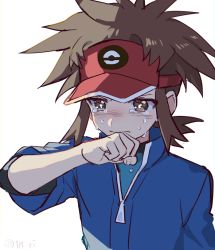Rule 34 | 1boy, blue jacket, blush, bodysuit, bodysuit under clothes, brown eyes, brown hair, clenched hand, closed mouth, commentary, creatures (company), crying, game freak, hand up, hat, jacket, male focus, nate (pokemon), nintendo, poke ball print, pokemon, pokemon bw2, red hat, short sleeves, simple background, solo, symbol-only commentary, tears, tpi ri, upper body, visor cap, white background, zipper pull tab