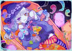 Rule 34 | 1girl, 666, asymmetrical legwear, bags under eyes, black skirt, border, cat, cloak, closed mouth, coffin, commentary, floral print, from above, full body, ghost, halloween, hands up, hat, heterochromia, highres, kiato, long hair, looking at viewer, low-tied long hair, lying, melting eyes, mismatched legwear, on back, original, outstretched arms, pale skin, pink ribbon, pleated skirt, pumpkin, purple cloak, purple hat, purple thighhighs, red eyes, red lips, red thighhighs, ribbon, skirt, smile, solo, stitched mouth, stitches, striped clothes, striped thighhighs, symbol-only commentary, thighhighs, white border, wide sleeves, witch, witch hat, yellow eyes, zombie pose
