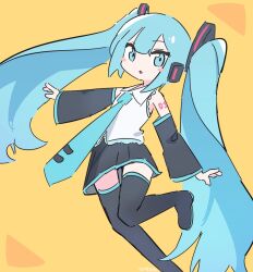 Rule 34 | 1girl, :o, artist name, black footwear, black skirt, black sleeves, blue eyes, blue hair, blue necktie, blue trim, blush stickers, boots, collared shirt, detached sleeves, foot out of frame, hair between eyes, hair ornament, hatsune miku, headphones, highres, long hair, long sleeves, looking at viewer, necktie, number tattoo, osakana (kitasisn), parted lips, shirt, shoulder tattoo, simple background, skirt, solo, tattoo, thigh boots, tie clip, twintails, very long hair, vocaloid, white shirt, yellow background