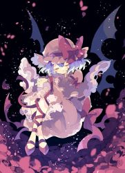 Rule 34 | black background, blue hair, blush, bow, closed mouth, dress, closed eyes, flower, flying, hands together, hat, hat bow, legs together, long sleeves, mob cap, nikorashi-ka, pink dress, red headwear, red ribbon, remilia scarlet, ribbon, rose, touhou, wings