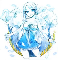 Rule 34 | 1girl, bare shoulders, blue theme, bracelet, breasts, cleavage, contrapposto, cowboy shot, dress, feathers, forest, hair tubes, highres, hodan (cyzhfl), jewelry, large breasts, long hair, looking at viewer, mabinogi, mechanical pencil, nature, open mouth, outstretched arms, pencil, pointy ears, portia, short dress, smile, solo, standing, strapless, strapless dress, tree, tube dress, very long hair