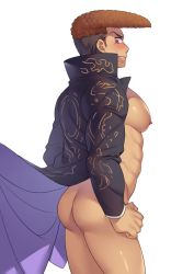 Rule 34 | 1boy, ass, bara, black coat, blue eyes, blush, coat, coat lift, cowboy shot, danganronpa: trigger happy havoc, danganronpa (series), from side, highres, long sleeves, looking to the side, male focus, medium hair, multicolored hair, nipples, owada mondo, p3ta (yio), parted lips, pompadour, shiny skin, simple background, solo, sweatdrop, teeth, two-tone hair, white background