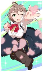 Rule 34 | 10s, 1girl, ahoge, center frills, frilled sleeves, frills, green eyes, heart, highres, idolmaster, idolmaster million live!, jewelry, jumping, light brown hair, looking at viewer, meme attire, necklace, open mouth, outstretched arm, red ribbon, ribbon, sakuramori kaori, shuuto (shu-toritu), solo, sparkle, virgin killer outfit