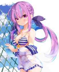 Rule 34 | 1girl, bare shoulders, bikini, bikini under clothes, blue hair, blush, braid, breasts, chain-link fence, cleavage, closed mouth, colored inner hair, commentary request, day, fence, front-tie bikini top, front-tie top, fuuna, hair between eyes, hair ribbon, highres, hololive, large breasts, long hair, long sleeves, looking at viewer, minato aqua, minato aqua (hololive summer 2019), multicolored hair, off shoulder, open clothes, open shirt, pink hair, purple eyes, purple ribbon, ribbon, shirt, smile, solo, striped bikini, striped clothes, swimsuit, twintails, two-tone hair, very long hair, virtual youtuber, white shirt