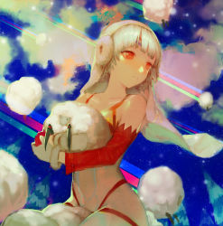 Rule 34 | 1girl, altera (fate), altera the santa (fate), amo (silent bomb19), animal, bad id, bad pixiv id, bare shoulders, blunt bangs, closed mouth, commentary, dark-skinned female, dark skin, detached sleeves, earmuffs, fate/grand order, fate (series), gloves, grey gloves, holding, holding animal, red eyes, revealing clothes, sheep, short hair, silver hair, sitting, smile, solo, veil
