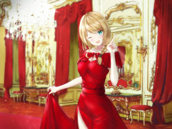 Rule 34 | 1girl, blonde hair, blush, braid, braided ponytail, breasts, claire eikaiwa, claire sensei, collarbone, dress, formal, long dress, looking at viewer, one eye closed, red dress, side braid, side slit, skirt hold, solo, tim86231, virtual youtuber