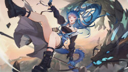 Rule 34 | 1girl, absurdres, arknights, black jacket, black shorts, blue hair, boots, dragon, eastern dragon, highres, horns, jacket, ling (arknights), ling (towering is cliff of nostalgia) (arknights), long hair, midriff, navel, pointy ears, purple eyes, shorts, staff, szh---