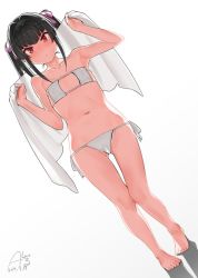 Rule 34 | 1girl, artist name, backlighting, barefoot, bikini, black hair, character request, commentary request, covered erect nipples, dated, dutch angle, eyepatch bikini, female focus, flat chest, full body, hair intakes, hair ribbon, long hair, looking at viewer, red eyes, ribbon, rkrk, side-tie bikini bottom, signature, simple background, solo, standing, swimsuit, towel, twintails, white background, white bikini