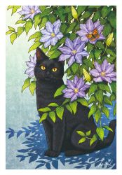 Rule 34 | animal, animal focus, artist name, black cat, bug, butterfly, cat, clematis (flower), flower, bug, looking at viewer, no humans, original, shadow, signature, takigraphic, yellow eyes
