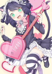 Rule 34 | 10s, 1girl, animal ears, bell, black hair, blush, bow, cat ears, cat tail, curly hair, cyan (show by rock!!), fang, gothic lolita, green eyes, guitar, heart, instrument, lolita fashion, long hair, looking at viewer, maid headdress, open mouth, pink background, ringlets, show by rock!!, smile, solo, striped clothes, striped thighhighs, tail, tamatasu, thighhighs, zettai ryouiki