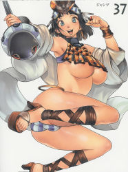 Rule 34 | 00s, 1girl, ancient princess menace, black hair, blue panties, breasts, cameltoe, f.s., high heels, looking at viewer, menace (queen&#039;s blade), menace (queen's blade), nail polish, panties, pink nails, queen&#039;s blade, revealing clothes, sandals, setra, shoes, short hair, smile, solo, striped clothes, striped panties, underboob, underwear