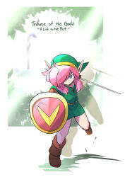 Rule 34 | 1boy, belt, blue eyes, brown footwear, closed mouth, copyright name, green headwear, green tunic, highres, holding, holding shield, holding sword, holding weapon, link, male focus, master sword, nintendo, official alternate hair color, pink hair, pointy ears, rascal (feuille), shield, sidelocks, solo, sword, the legend of zelda, the legend of zelda: a link to the past, trap, weapon, yellow belt