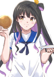 Rule 34 | 1girl, black hair, blue sailor collar, commentary request, cosplay, dorayaki, dress, facing viewer, food, hiburi (kancolle), hiburi (kancolle) (cosplay), holding, kantai collection, ld (luna dial398), long hair, multicolored hair, naganami (kancolle), pink hair, plate, sailor collar, sailor dress, short sleeves, sideways glance, simple background, smile, solo, wagashi, white background, white dress