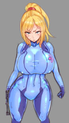 Rule 34 | 1girl, blonde hair, blue eyes, bodysuit, breasts, covered erect nipples, covered navel, grey background, gun, highres, holding, holding gun, holding weapon, huge breasts, long hair, looking at viewer, metroid, nintendo, ponytail, samus aran, simple background, skin tight, solo, sweat, weapon, wide hips, wolffeld price, zero suit