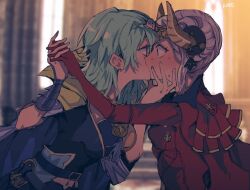 Rule 34 | 2girls, armor, artist name, blurry, blurry background, blush, breasts, byleth (female) (fire emblem), byleth (fire emblem), cape, dress, edelgard von hresvelg, fake horns, fire emblem, fire emblem: three houses, green hair, grey hair, hand on another&#039;s cheek, hand on another&#039;s face, holding hands, horns, kiss, kurosukenekocha, medium breasts, messy hair, mixed-language commentary, multiple girls, nintendo, red dress, sweatdrop, yuri