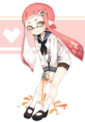 Rule 34 | 1girl, bad id, bad twitter id, bike shorts, brown eyes, can, drink can, hair ornament, hairclip, highres, inkling, inkling girl, inkling player character, kneehighs, leaning forward, long hair, mary janes, mask, nintendo, pink hair, pointy ears, shirt, shoes, short hair with long locks, shorts, smile, socks, soda can, solo, spilling, sprbouuz, tentacle hair, twintails, white shirt, white socks