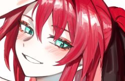 Rule 34 | 1girl, atelier live, blush, close-up, green eyes, kuzuryu io, looking at viewer, parted lips, ponytail, portrait, red hair, simple background, slit pupils, smile, solo, tsu (lovesick1964), virtual youtuber, white background