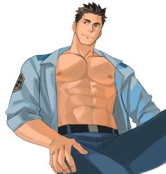 Rule 34 | abs, absurdres, belt, blue jacket, blue pants, brown eyes, brown hair, coffetia, collarbone, haikyuu!!, hand on own thigh, highres, jacket, male focus, muscular, muscular male, navel, nipples, pants, pectorals, police, police uniform, sawamura daichi, simple background, uniform, white background