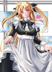 Rule 34 | 1girl, alternate costume, apron, apron hold, black bow, black bowtie, black shirt, black skirt, blonde hair, bow, bowtie, closed mouth, enmaided, fate testarossa, floating hair, hair bow, head tilt, highres, long hair, long skirt, long sleeves, looking at viewer, lyrical nanoha, mahou shoujo lyrical nanoha strikers, maid, red eyes, shirt, skirt, smile, solo, sougetsu izuki, standing, twintails, very long hair, white apron
