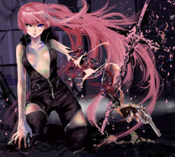 Rule 34 | 1girl, amputee, android, blue eyes, chain, cross, destruction, gun, handgun, highres, long hair, mechanical parts, megurine luka, open clothes, open mouth, pink hair, red eyes, revolver, solo, supopon (sppn), tears, very long hair, vocaloid, weapon, zipper