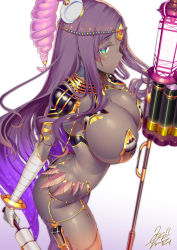 Rule 34 | 1girl, arched back, arm wrap, armlet, armor, ass, bandaged arm, bandages, bikini armor, black hair, bracelet, breasts, bridal gauntlets, butt crack, circlet, cleavage, curvy, dark-skinned female, dark skin, duplicate, egyptian, egyptian clothes, facial mark, fate/grand order, fate (series), feathers, forehead jewel, gradient hair, green eyes, hat, highres, jewelry, large breasts, long hair, looking at viewer, multicolored hair, parted bangs, pauldrons, pixel-perfect duplicate, purple hair, revealing clothes, ring, scheherazade (fate), scroll, shoulder armor, sideboob, solo, staff, thick thighs, thighlet, thighs, uo denim, very long hair