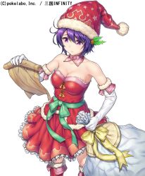 Rule 34 | 1girl, bare shoulders, boots, breasts, christmas, cleavage, company name, copyright name, detached collar, dress, elbow gloves, frilled dress, frills, fur trim, gloves, green ribbon, hair ornament, han sui (sangoku infinity), hat, holly hair ornament, kansui (sangoku infinity), komase (jkp423), print headwear, purple eyes, purple hair, red dress, ribbon, sack, sangoku infinity, santa costume, santa hat, scroll, short hair, simple background, solo, star (symbol), star print, thigh boots, thighhighs, white background, white gloves