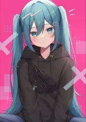 Rule 34 | 1girl, amai melo, black hoodie, blue eyes, blue hair, blue pants, blush, commentary, fanny pack, hatsune miku, highres, hood, hoodie, long hair, looking at viewer, number hair ornament, pants, solo, twintails, vocaloid