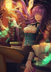 Rule 34 | 1girl, :|, bad id, bad pixiv id, black skirt, book, book stack, bookmark, bookshelf, brown pantyhose, center frills, closed mouth, fantasy, floating, floating hair, frills, glint, hand up, holding, holding book, indoors, ladder, levitation, library, light particles, long hair, long sleeves, looking at viewer, magic, neck ribbon, open book, original, pantyhose, pencil skirt, pink eyes, purple hair, ribbon, serious, sitting, skirt, solo, tg (ttague), vest, window