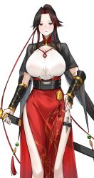 Rule 34 | 1girl, bare legs, belt, black hair, breasts, chinese clothes, dawalixi, gauntlets, hair tie, hand on own hip, highres, holding, holding sword, holding weapon, kunai, large breasts, long hair, looking at viewer, multicolored hair, original, pelvic curtain, red eyes, scabbard, sheath, sheathed, standing, streaked hair, sword, thigh strap, very long hair, weapon, white background