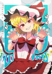 Rule 34 | 1girl, adapted costume, blonde hair, bow, bowtie, carte, character name, claw pose, cowboy shot, flandre scarlet, flat chest, grin, half-closed eyes, hat, head tilt, highres, looking at viewer, mob cap, outline, petticoat, puffy short sleeves, puffy sleeves, red bow, red bowtie, red eyes, red skirt, shirt, short sleeves, skirt, smile, solo, sparkle, suspenders, touhou, white outline, white shirt, wing collar, wrist cuffs