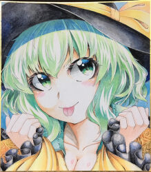 Rule 34 | 1girl, 283win, acrylic paint (medium), black hat, breasts, cleavage, closed mouth, collarbone, commentary request, green eyes, green hair, hat, hat ribbon, komeiji koishi, large breasts, long sleeves, looking at viewer, painting (medium), photo (medium), portrait, ribbon, shikishi, short hair, smile, solo, tongue, tongue out, touhou, traditional media, yellow ribbon
