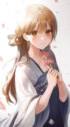 Rule 34 | 1girl, backlighting, blue dress, blush, brown eyes, brown hair, cherry blossoms, chinese clothes, closed mouth, collarbone, dress, falling petals, flower, hair ribbon, hair rings, hanfu, highres, holding, holding flower, langmal, long sleeves, looking at viewer, original, petals, pink flower, ribbon, simple background, smile, solo, standing, upper body, white background, white ribbon, white sleeves