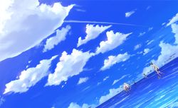 Rule 34 | 4girls, amatsukaze (kancolle), blue sky, cloud, commentary request, day, dress, dutch angle, elbow gloves, gloves, hair tubes, hairband, highres, horizon, kantai collection, long hair, multiple girls, nokisaki nibosi, ocean, outdoors, rensouhou-chan, sailor collar, sailor dress, scenery, shimakaze (kancolle), skirt, sky, standing, striped clothes, striped legwear, striped thighhighs, thighhighs, tokitsukaze (kancolle), two side up, water, yukikaze (kancolle)