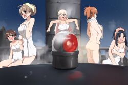 Rule 34 | 5girls, alarm siren, ass, bath, black hair, blonde hair, blue eyes, blush, breasts, brown eyes, brown hair, charlotte e. yeager, hanna-justina marseille, hattori shizuka, highres, large breasts, looking at another, looking at viewer, lynette bishop, medium breasts, miyafuji yoshika, multiple girls, naked towel, orange hair, outdoors, ponytail, short hair, small breasts, smile, strike witches, the naked gun (series), towel, witches of africa, world witches series, yohijikon