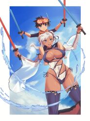 Rule 34 | 1boy, 1girl, aged down, black hair, black ribbon, blue eyes, blue one-piece swimsuit, blue sky, blue thighhighs, border, breasts, child, closed mouth, commentary, criss-cross halter, detached sleeves, english commentary, fate/grand order, fate/samurai remnant, fate (series), goggles, goggles on head, grey hair, hair bun, hair ribbon, halterneck, highleg, highleg swimsuit, highres, holding, holding sword, holding weapon, large breasts, miyamoto iori (fate), miyamoto musashi (fate), miyamoto musashi (fate/grand order), miyamoto musashi (swimsuit berserker) (fate), miyamoto musashi (swimsuit berserker) (third ascension) (fate), one-piece swimsuit, outdoors, outside border, reijgr (ff9999x), ribbon, see-through, see-through sleeves, short hair, sky, smile, swimsuit, sword, tan, teeth, thighhighs, two-tone swimsuit, upper teeth only, weapon, white border, white one-piece swimsuit