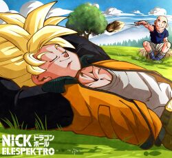 Rule 34 | 2boys, arms behind head, artist name, bald, black jacket, blonde hair, blue footwear, blue shirt, brown pants, closed eyes, commentary request, dragon ball, dragonball z, field, grass, highres, jacket, kuririn, lying, male focus, multiple boys, muscular, muscular male, nickelespektro, on back, open clothes, open jacket, orange jacket, pants, relaxing, resting, shirt, shoes, shorts, sitting, sitting on rock, smile, son goku, spanish commentary, spiked hair, super saiyan, super saiyan 1, t-shirt, tree, white pants, white shirt