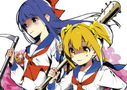 Rule 34 | 10s, 2girls, :3, baseball bat, blonde hair, blue hair, blue sailor collar, bow, chain, commentary request, hair bow, hair ornament, hair scrunchie, hario 4, holding, holding weapon, long hair, multiple girls, nail, nail bat, neckerchief, pipimi, poptepipic, popuko, red bow, red neckerchief, sailor collar, school uniform, scrunchie, serafuku, shaded face, sickle, twintails, weapon, yellow eyes, yellow scrunchie
