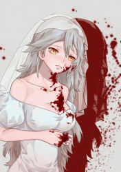 Rule 34 | 1girl, absurdres, bare shoulders, blood, blood on arm, blood on chest, blood on clothes, blood on face, bloody clothes, bloody dress, breasts, bridal veil, bride, cleavage, collarbone, danxing aipangzi, dress, gepard m1 (exciting future) (girls&#039; frontline), gepard m1 (girls&#039; frontline), girls&#039; frontline, grey hair, highres, light blush, long hair, looking at viewer, medium breasts, official alternate costume, open mouth, orange eyes, simple background, solo, standing, veil, very long hair, wedding dress, white dress